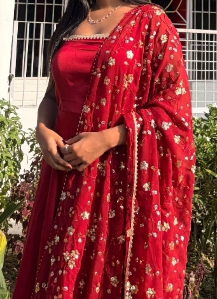 Beautiful Red Ethnic Anarkali Suit Set | 3 Piece