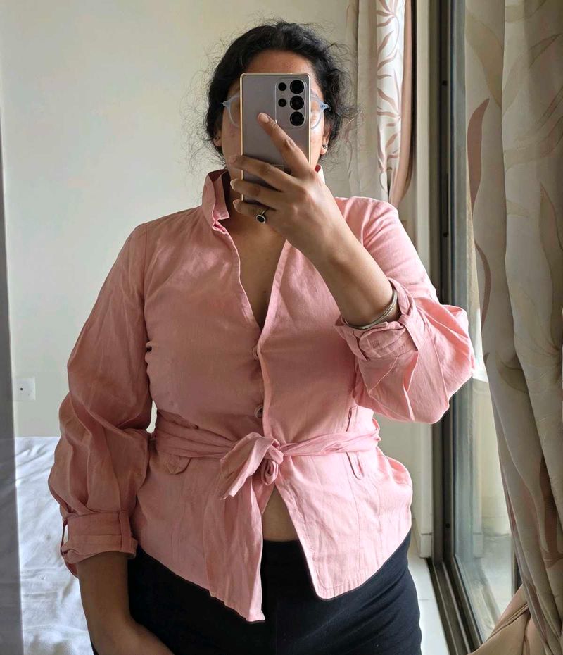 Pink Pleated Linen Top