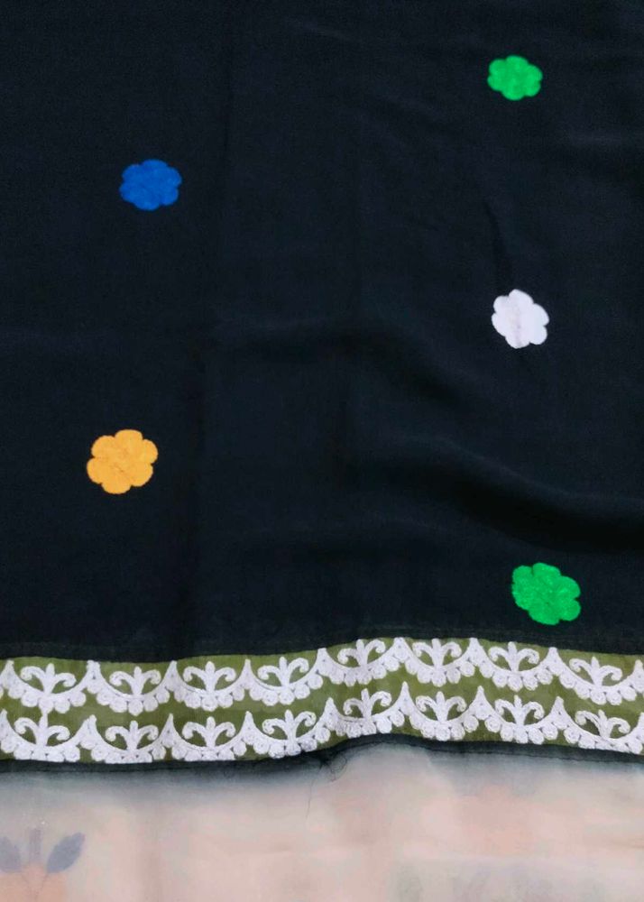 Embroidered Georgette Black Saree With Blouse