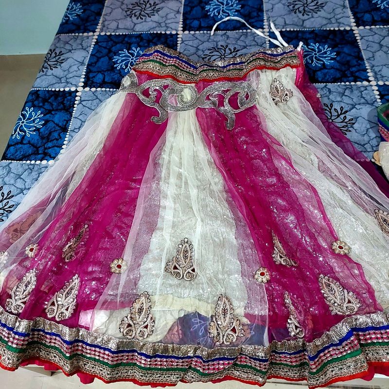 Elegant White &amp; Pink Lehenga Skirt