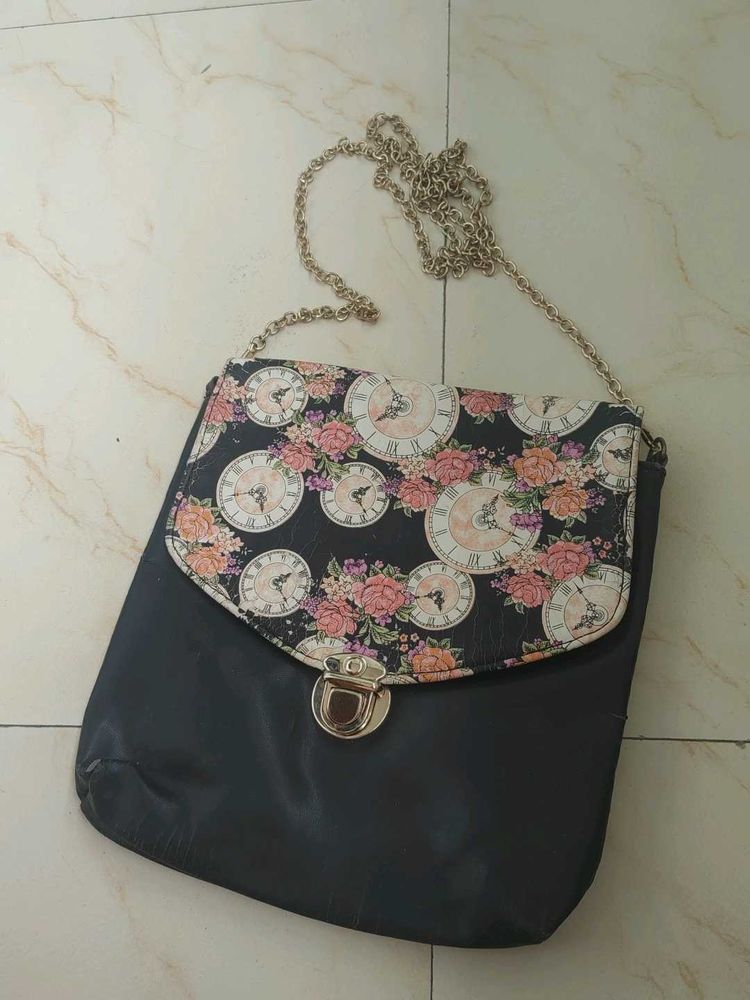 Chic Black Crossbody Bag with Floral Clock Print