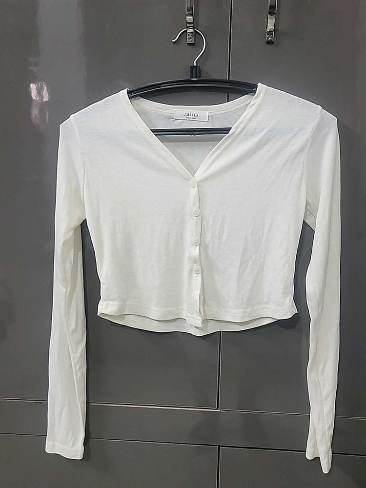White Button-Up Cropped Cardigan