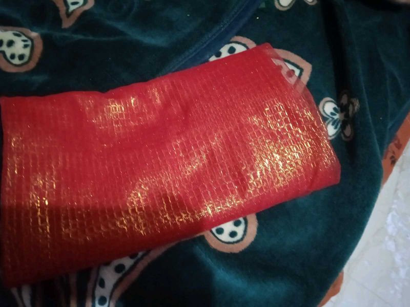 Vibrant Red Net saree fabric with Golden Sheen