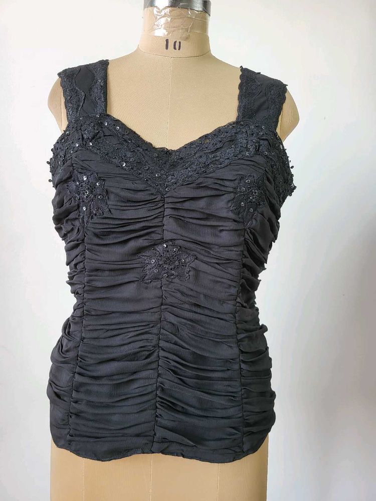 Elegant Ruched Black Top with Lace Detail