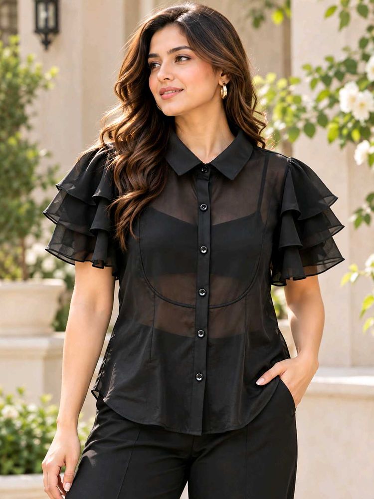 Sheer Ruffle Sleeve Button-Up Shirt