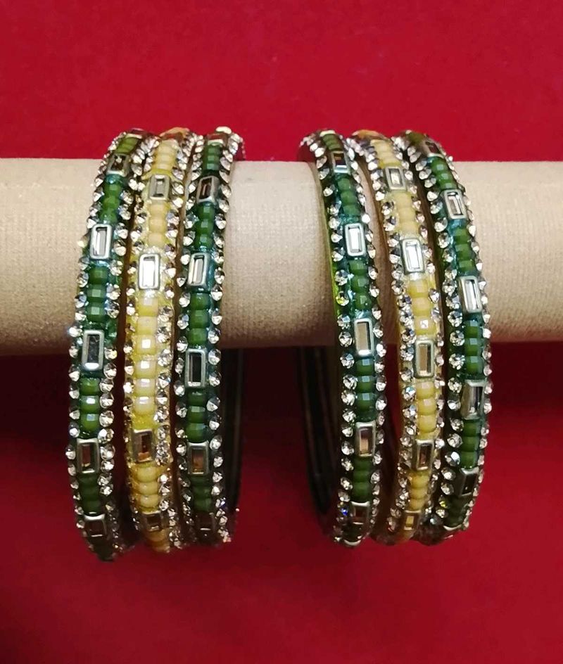 Green &amp; Golden Beaded Glass Bangles Set