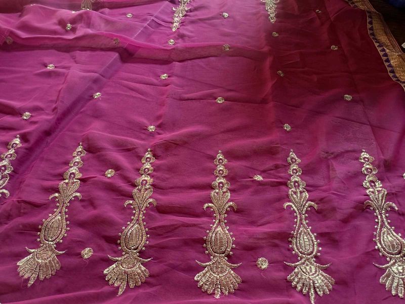 Fuchsia Gold Embroidered Chiffon Fabric Sarees