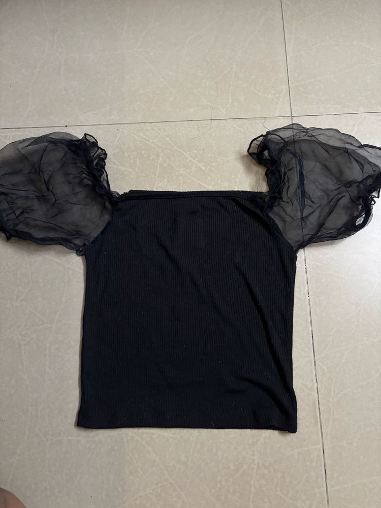 Chic Black Top with Sheer Puff Sleeves