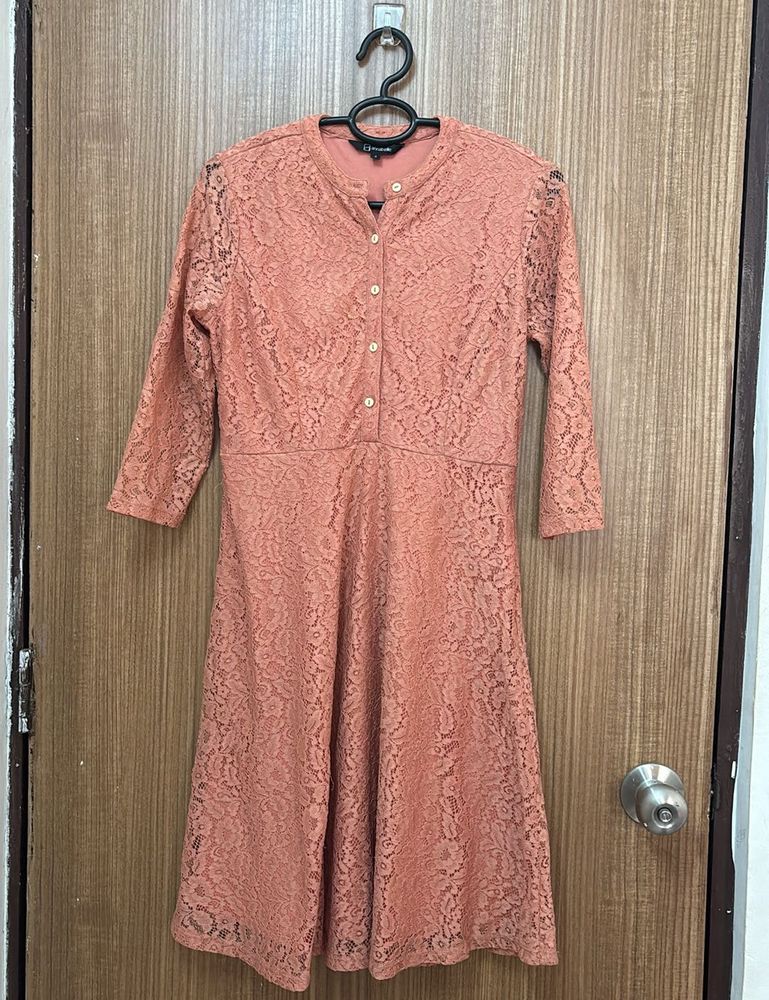 Coral Peach Lace Flare Dress With Half Sleeves