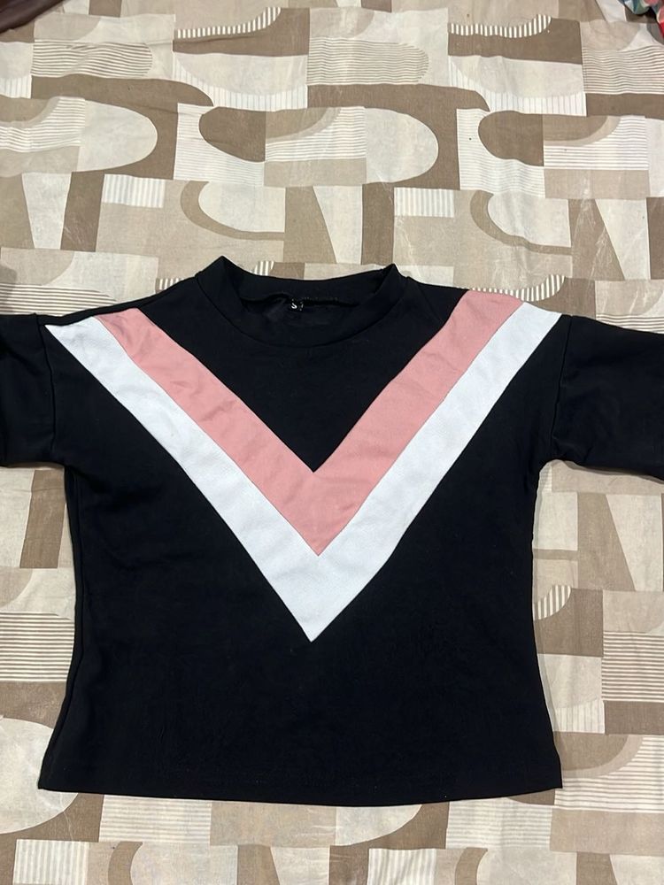 Stylish Black Top with Pink and White V-Neck
