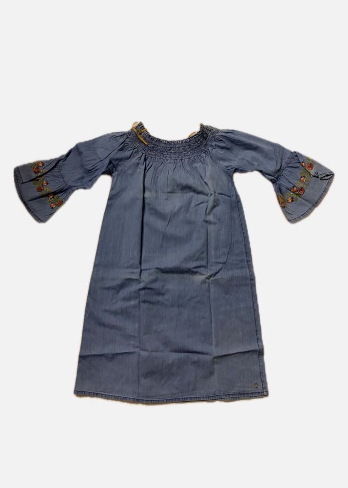 Embroidered Denim Off-Shoulder Dress