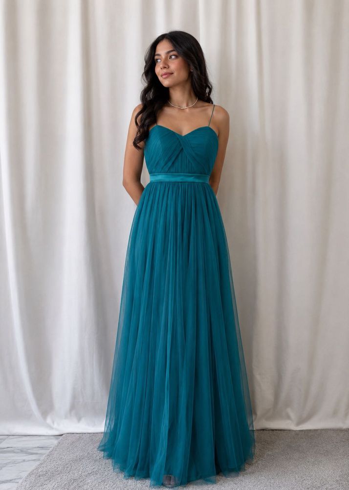 Elegant Teal Tulle Maxi Dress