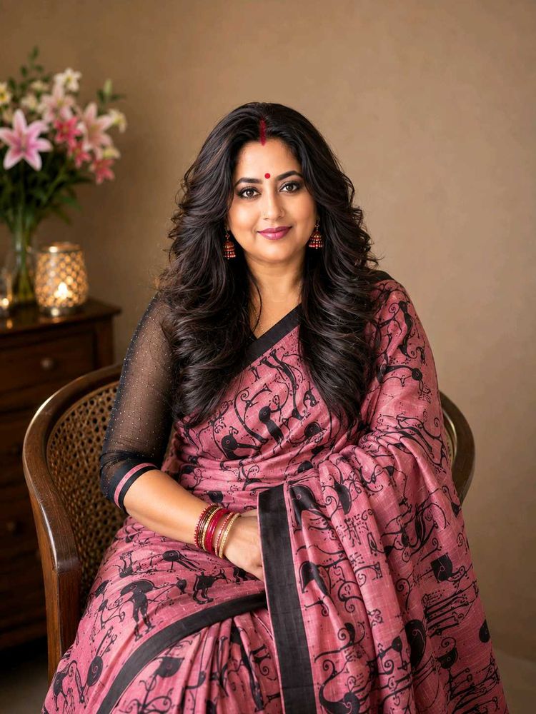 Elegant Pink Saree with Black Cat Print
