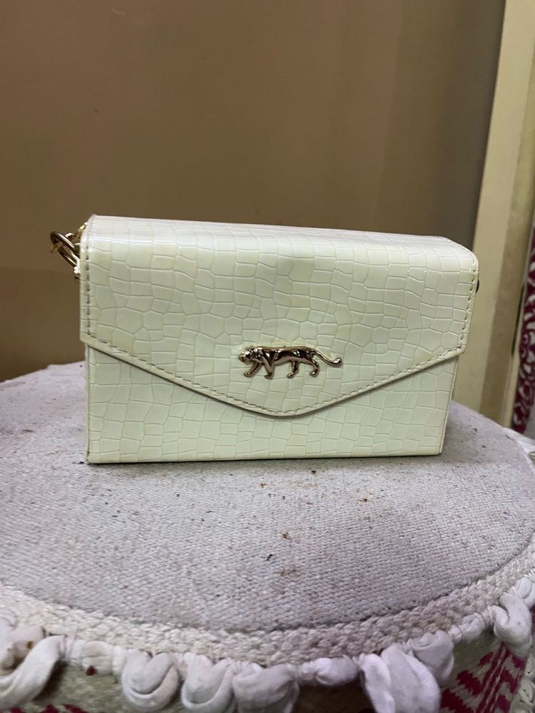 Cream Croc Embossed Clutch with Tiger Detail