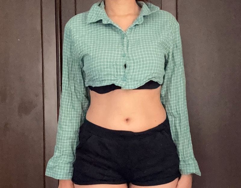 Green Checked Cropped Shrug Shirt for Women