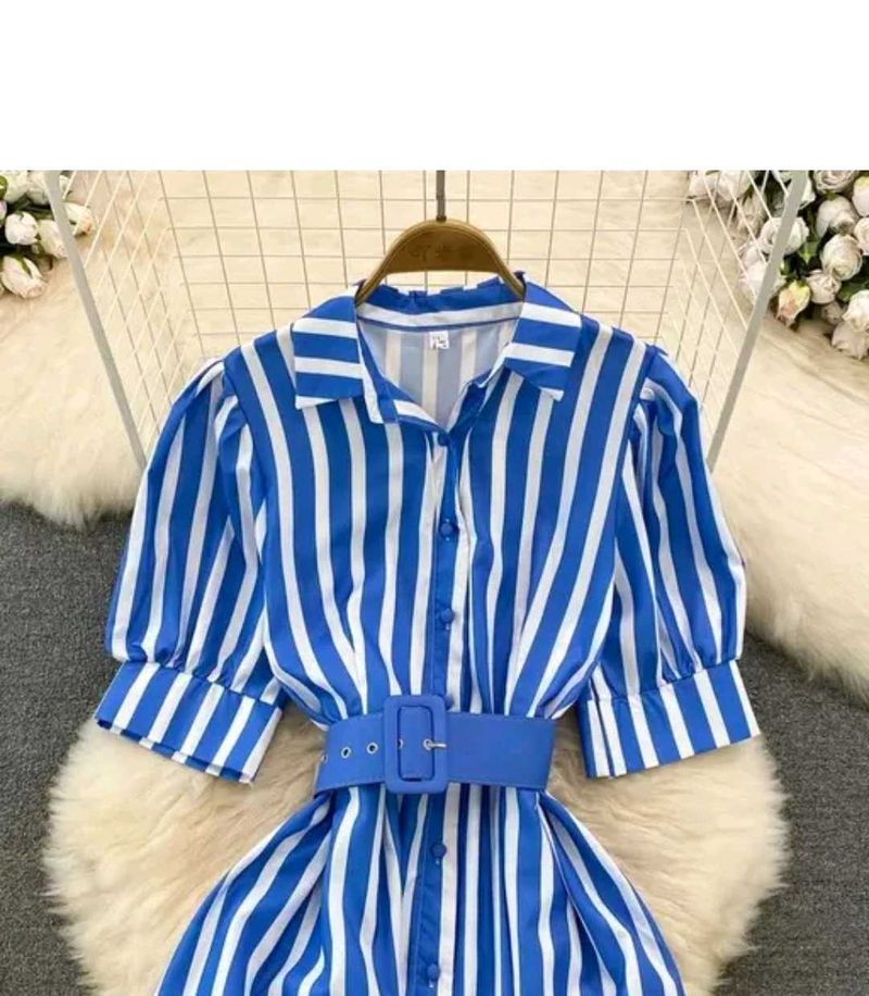 Blue &amp; White Striped Shirt Dress with Belt