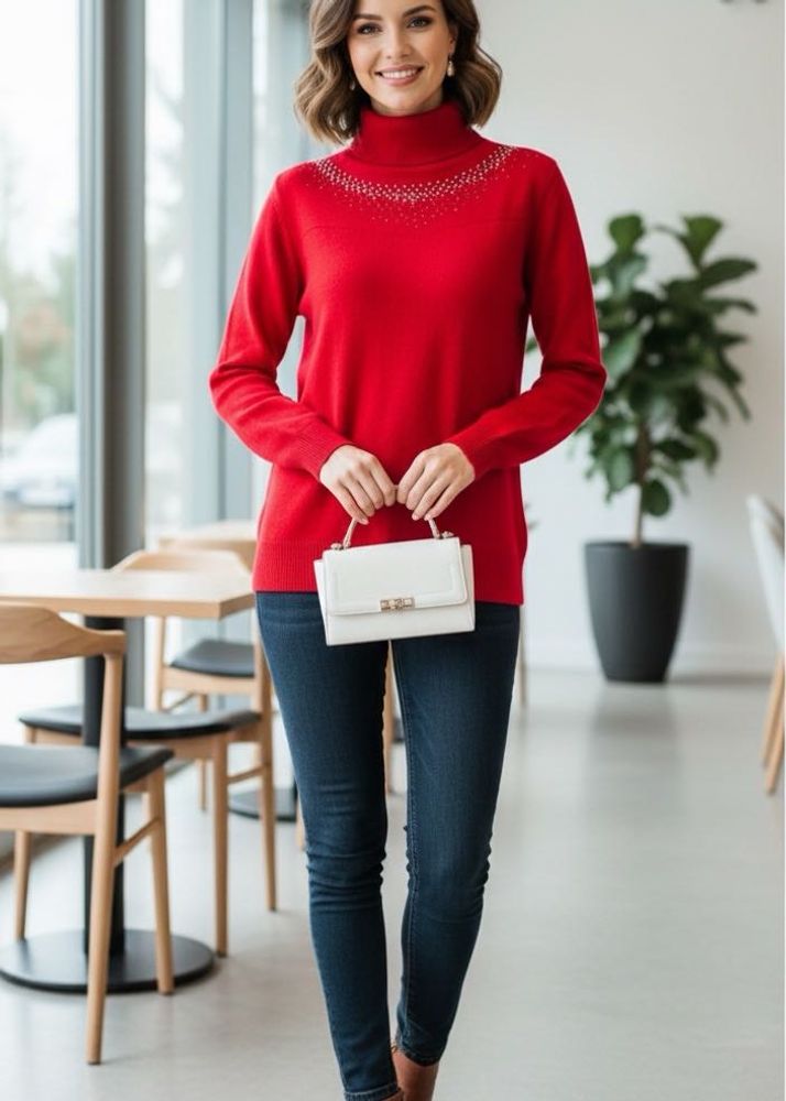 Red Embellished Turtleneck Sweater