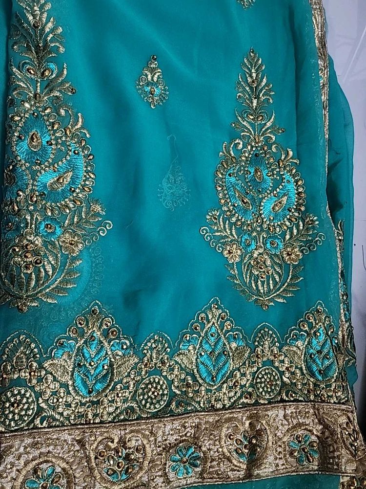 Teal &amp; Gold Embroidered Sari