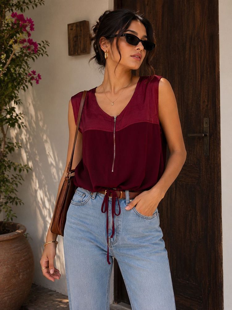 Burgundy Zip-Front Sleeveless Top