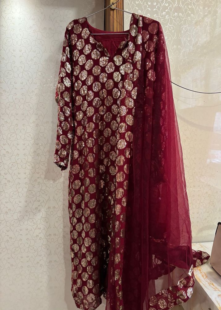 Elegant Red Kurta Set with Golden Polka Dots