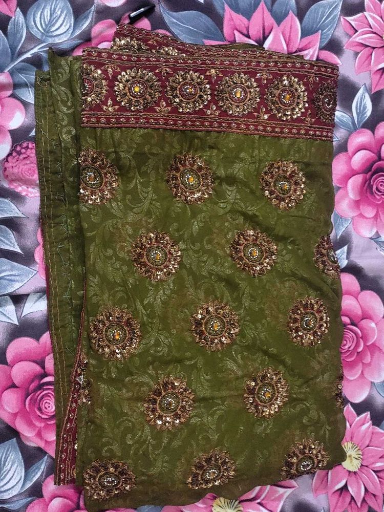 Embellished Olive Green Saree