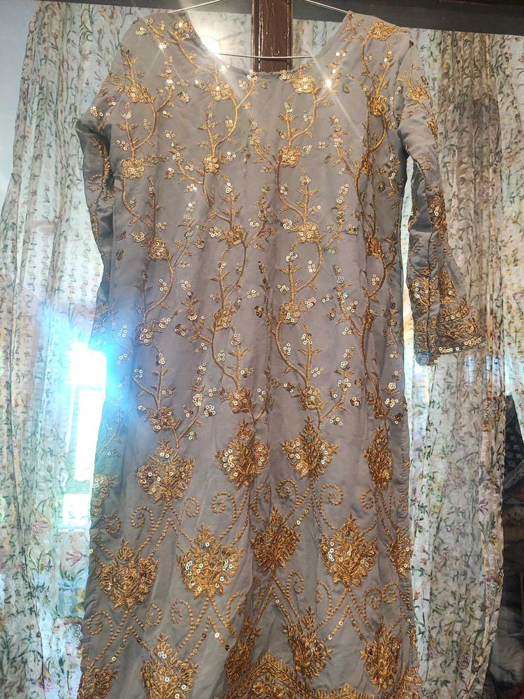 Elegant  Grey Kurta with Gold Embroidered Sharara
