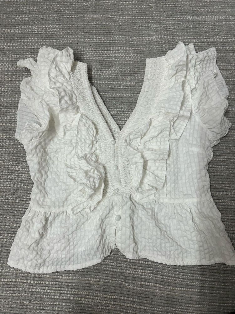 Women's White Ruffled V-Neck Top, Size-S