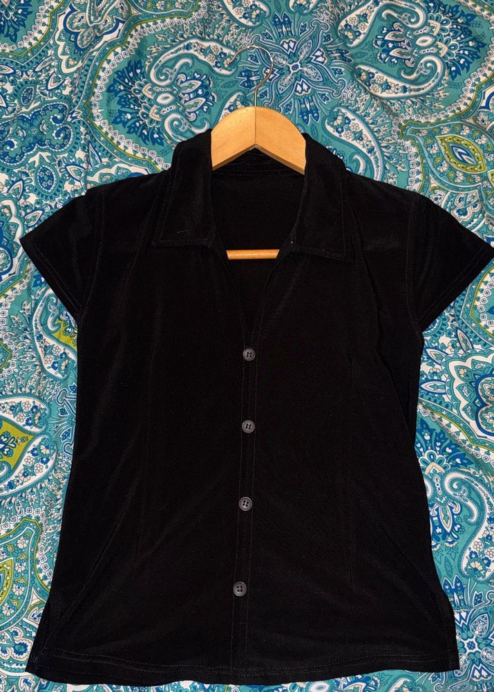 Classic Black Short Sleeve Button-Up Top