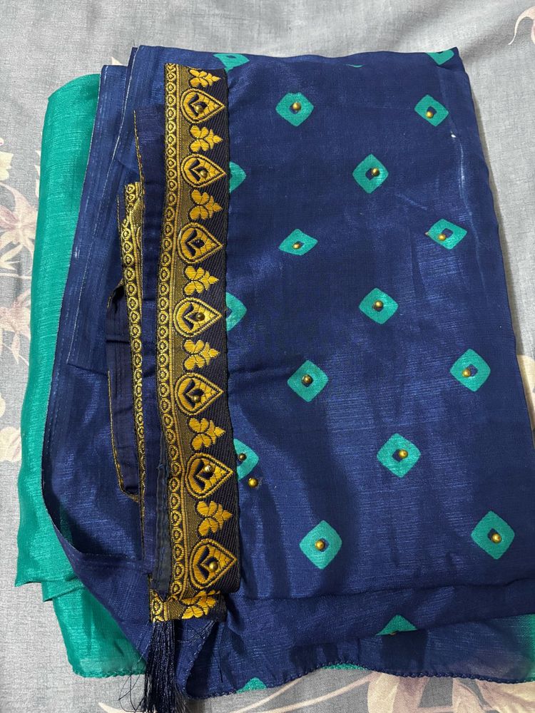 Navy Blue Saree with Green Motifs