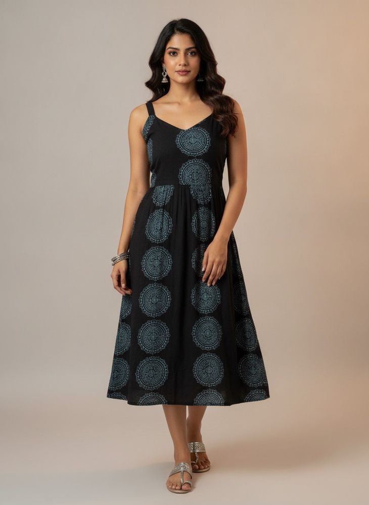 Black dress with blue ethnic print