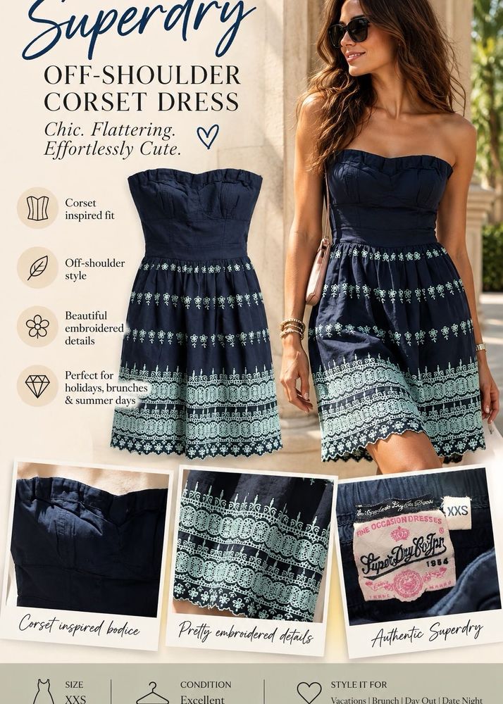SUPERDRY Navy Blue Strapless Embroidered Dress XXS