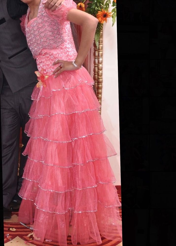 Princess||Girls Pink Party Wear Ruffle Gown