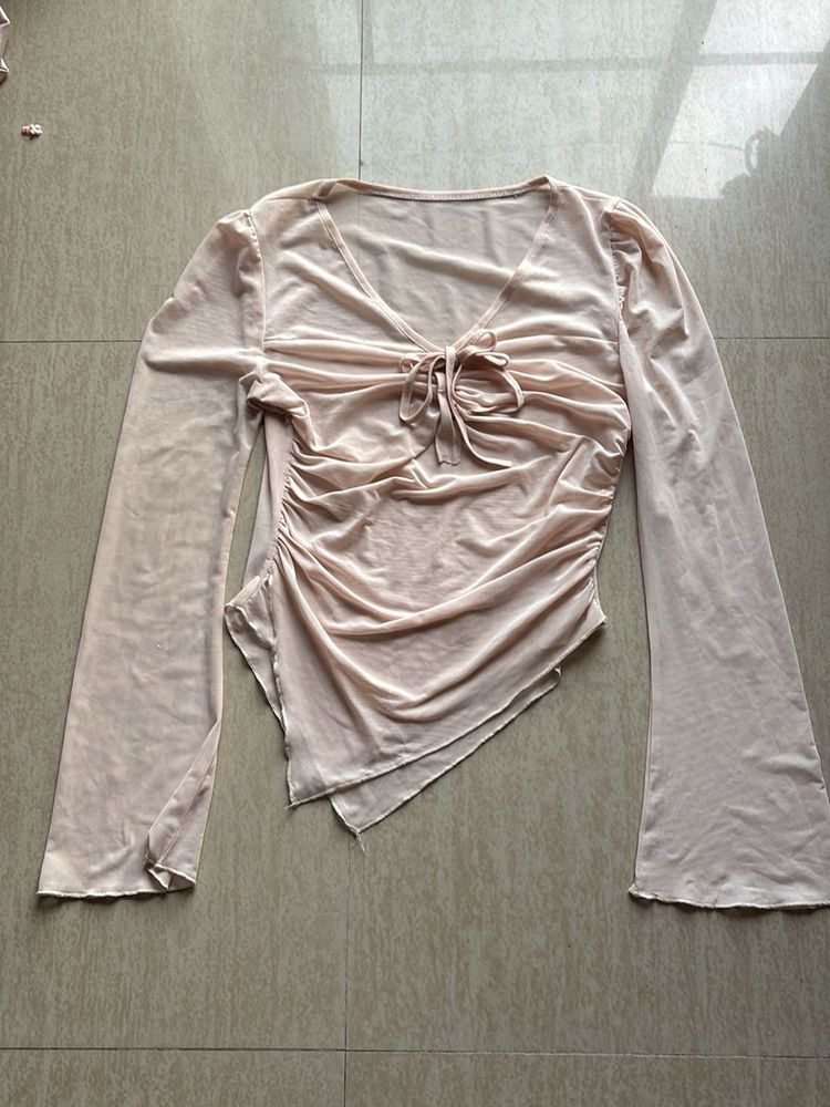 Sheer Ruched Tie-Front Top