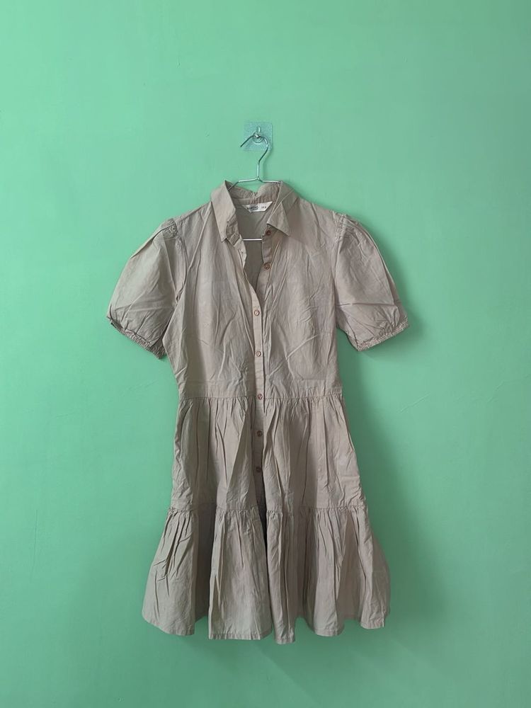 Chic Beige Tiered Shirt Dress