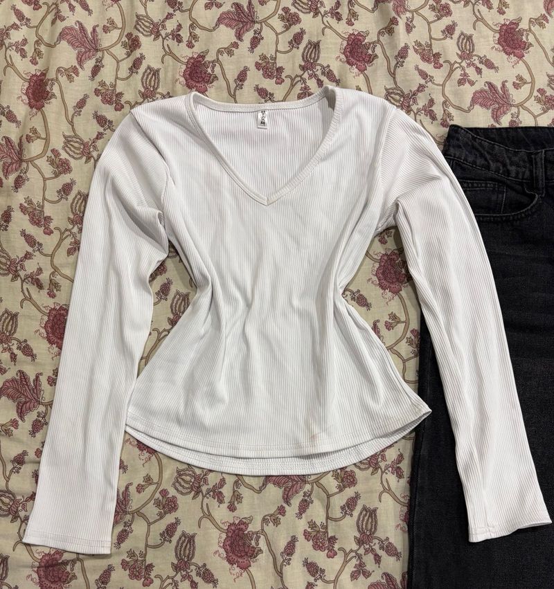 White Ribbed Long Sleeve Top