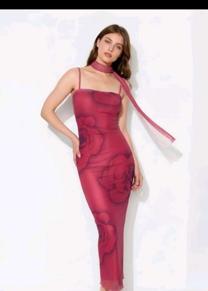 Sheer Rose Print Maxi Dress with Scarf