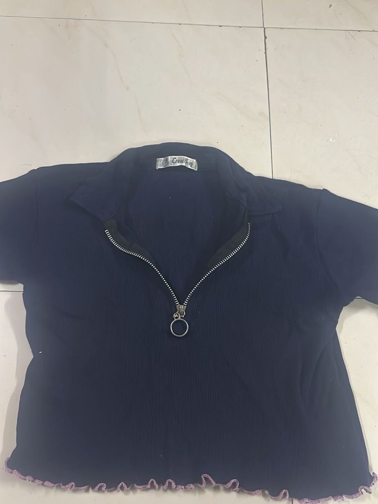Navy Blue Zip Up Crop Top