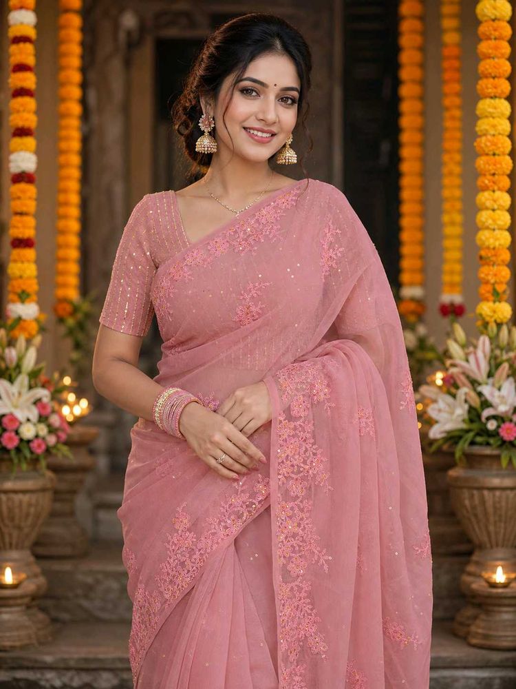 Elegant Pink Embroidered Saree