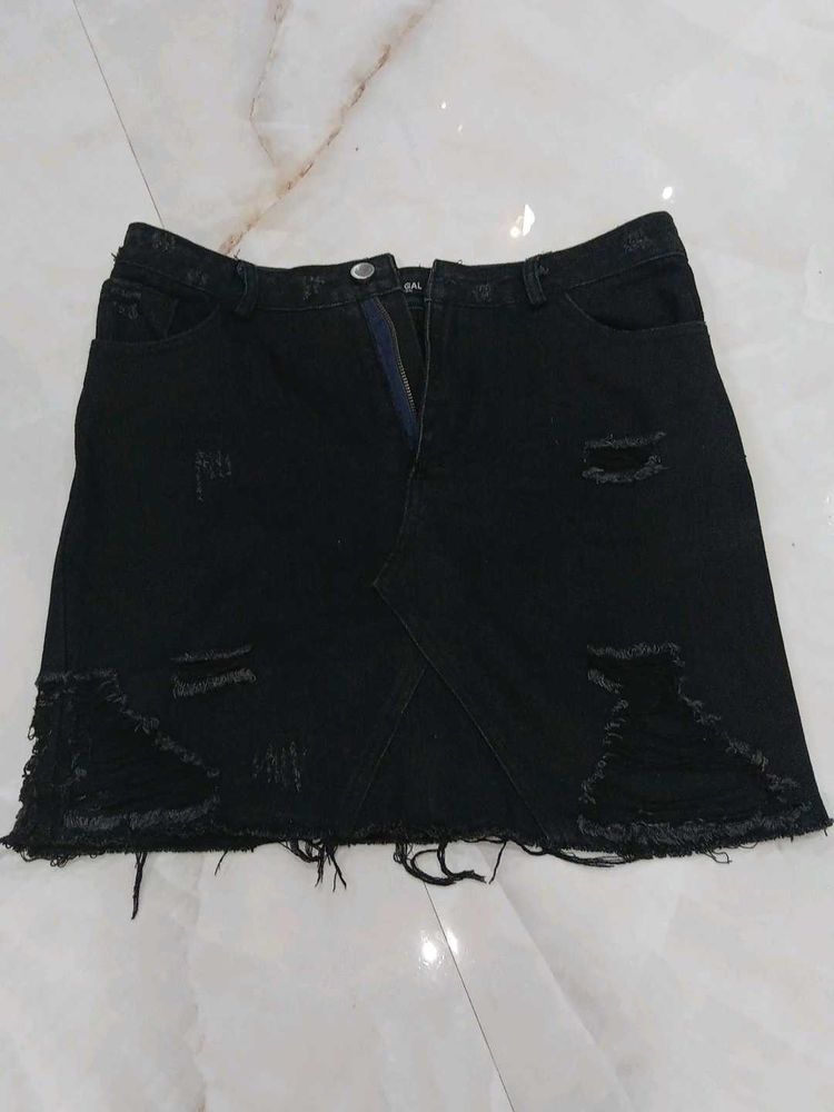 Distressed Black Denim Mini Skirt