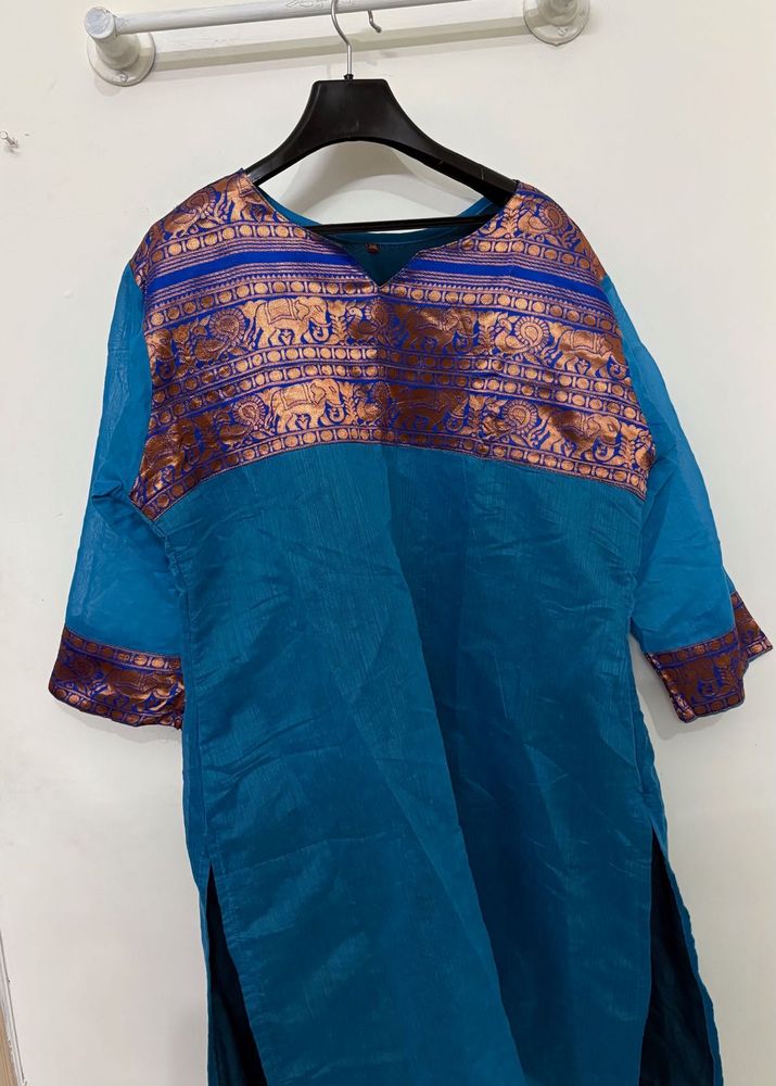 Elegant Teal Kurta with Brocade Yoke