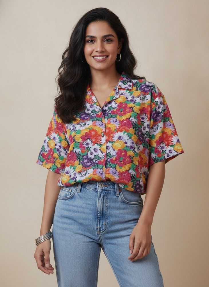 Colorful Floral Print Button-Up Shirt