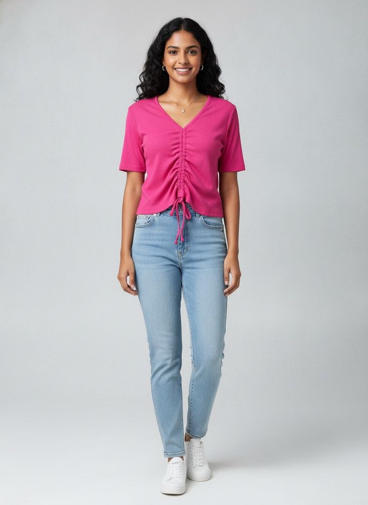 V-Neck Ruched Drawstring Top
