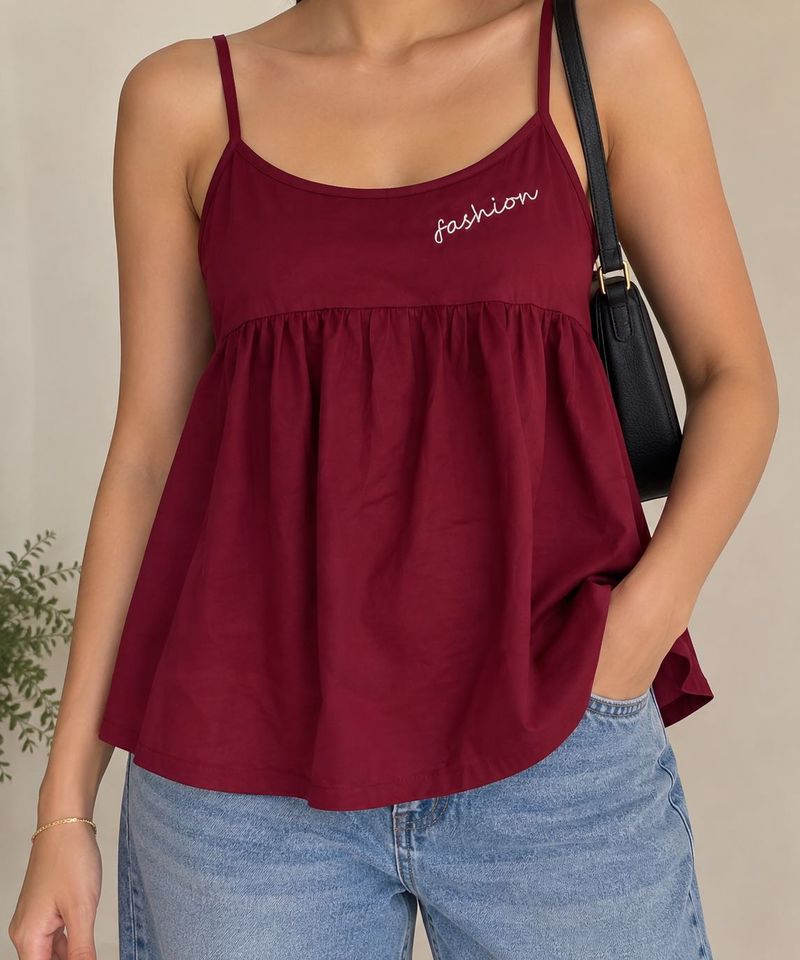 Maroon Babydoll Top with "Fashion" Embroidery
