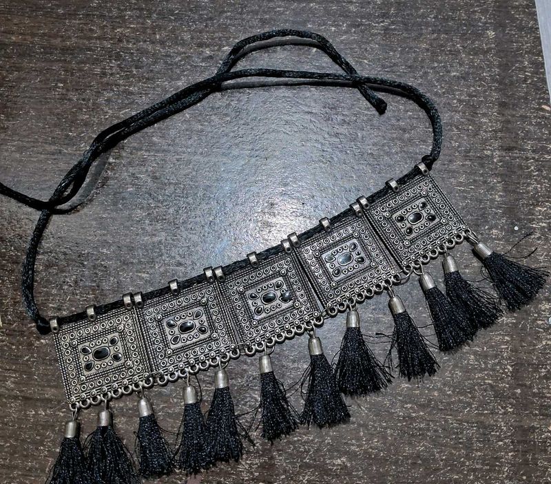 Oxidized Silver Choker with Black Tassels
