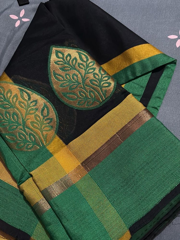 Elegant Black &amp; Green Silk Saree