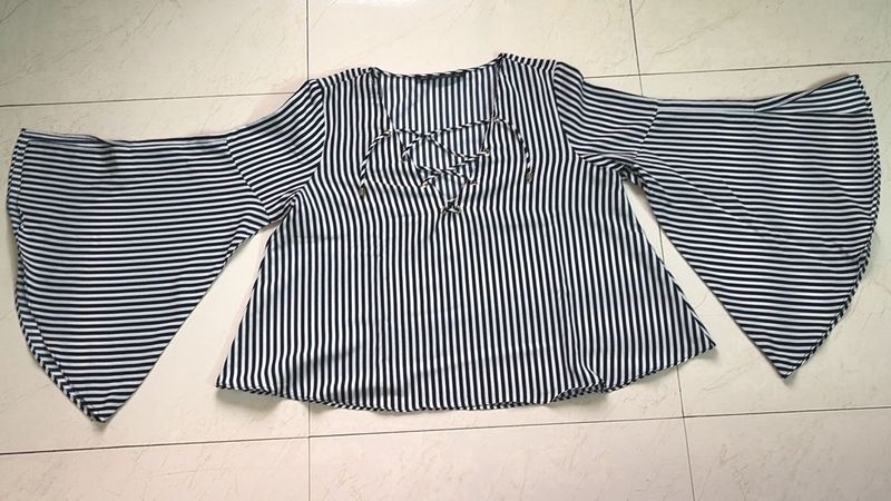 Striped Bell Sleeve Top with Lace-Up Neck