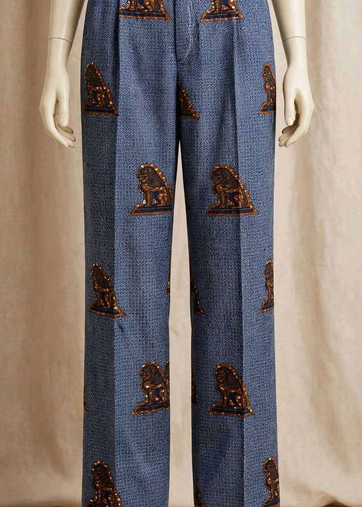 Blue Lion Print Wide Leg Trousers