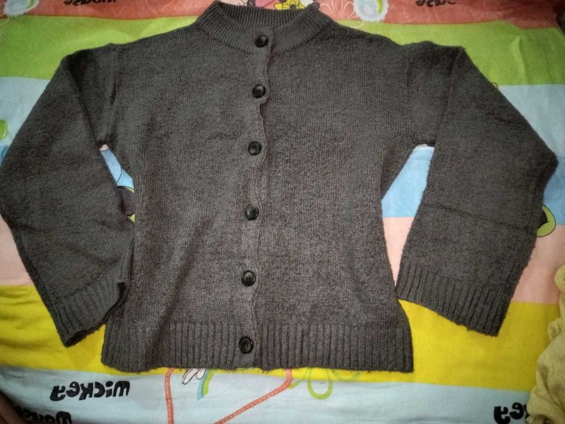 Grey Button-Up Knit Sweater