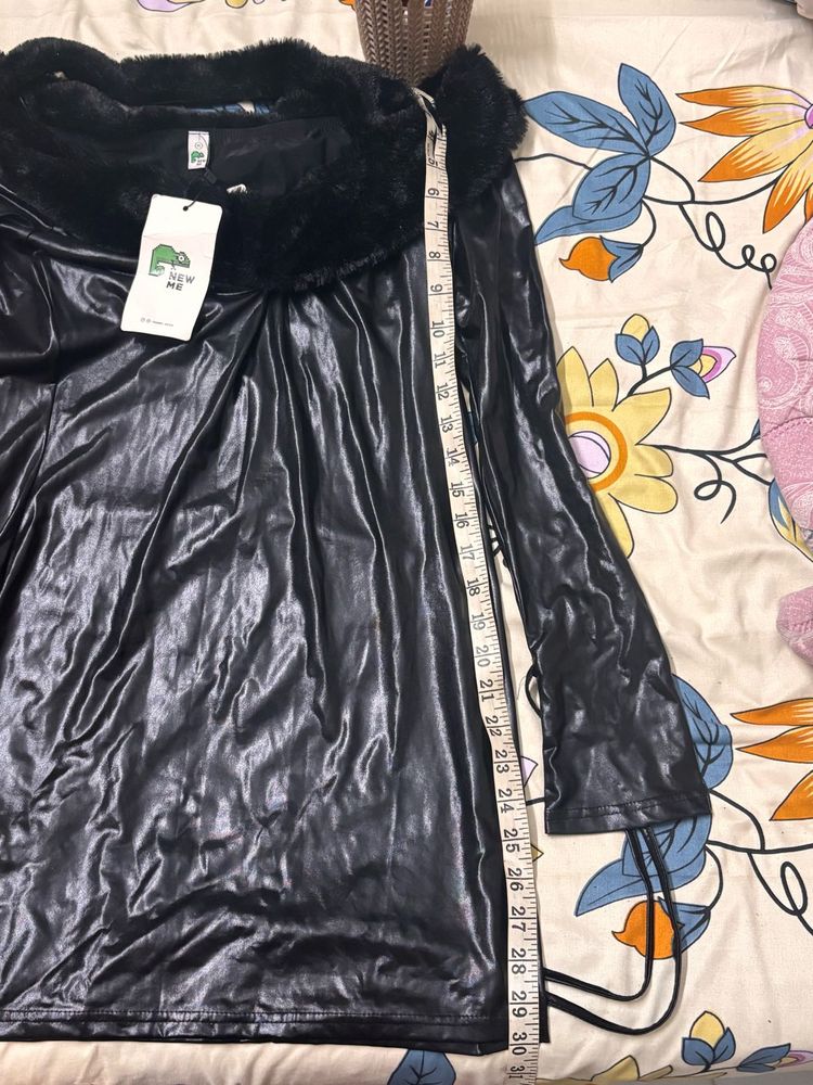 Black Faux Sexy Leather Dress with Fur Trim