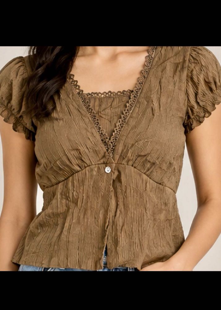 Chic Brown Textured V-Neck Top